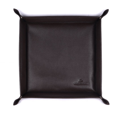 Black leather tray with brand logo on a white background