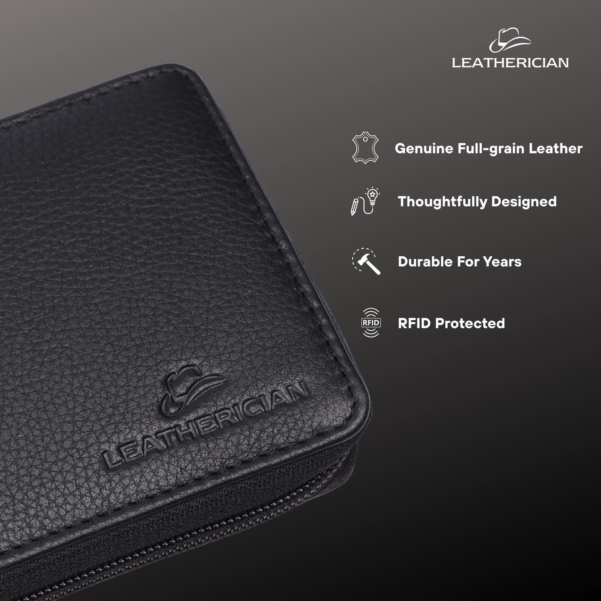 Black leather wallet with Leatherician branding and features on a dark background