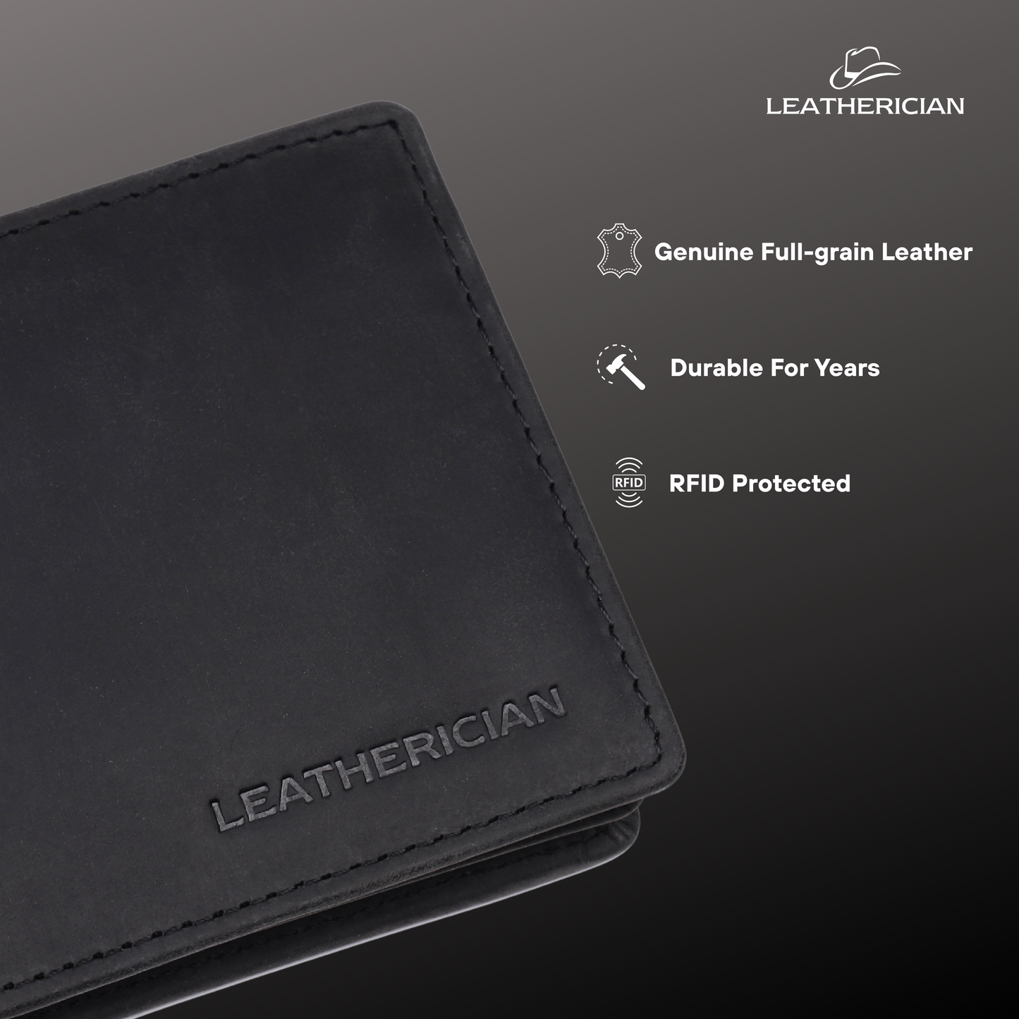 Black leather wallet with LEATHERICIAN branding on a dark background