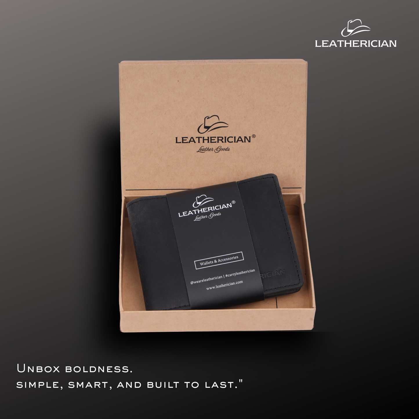 Black leather wallet in a cardboard box with 'Leatherician' branding on a dark background.
