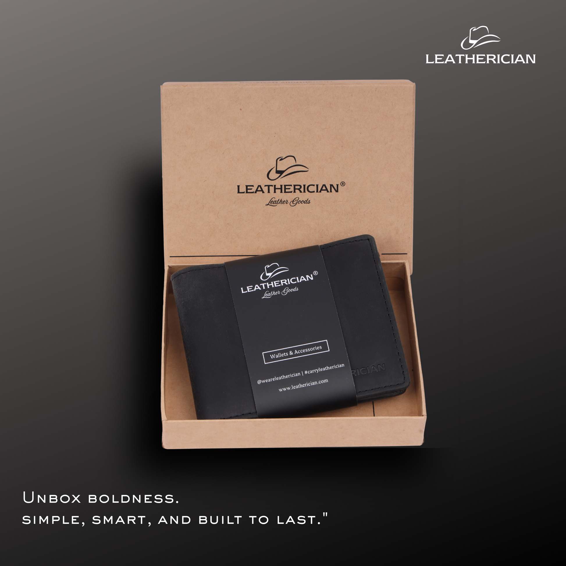 Black leather wallet in a cardboard box with 'Leatherician' branding on a dark background.
