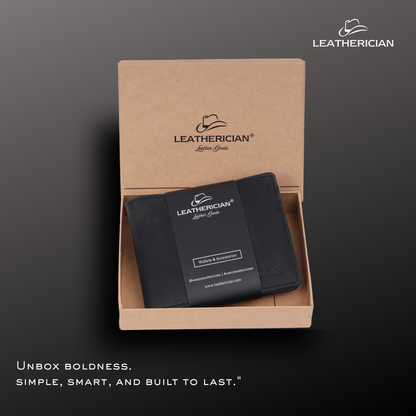 Black leather wallet in a cardboard box with 'Leatherician' branding on a dark background.