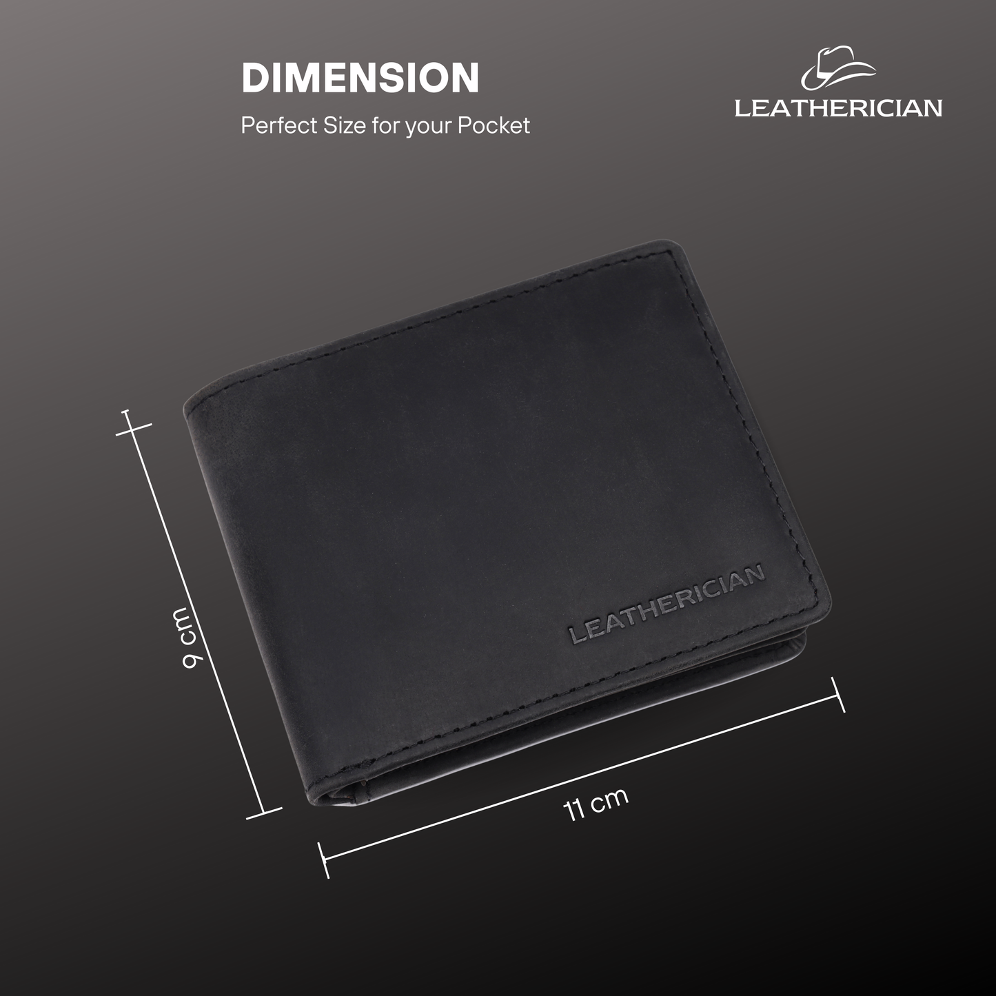 Black leather wallet with dimensions and 'Leatherician' branding on a gray background
