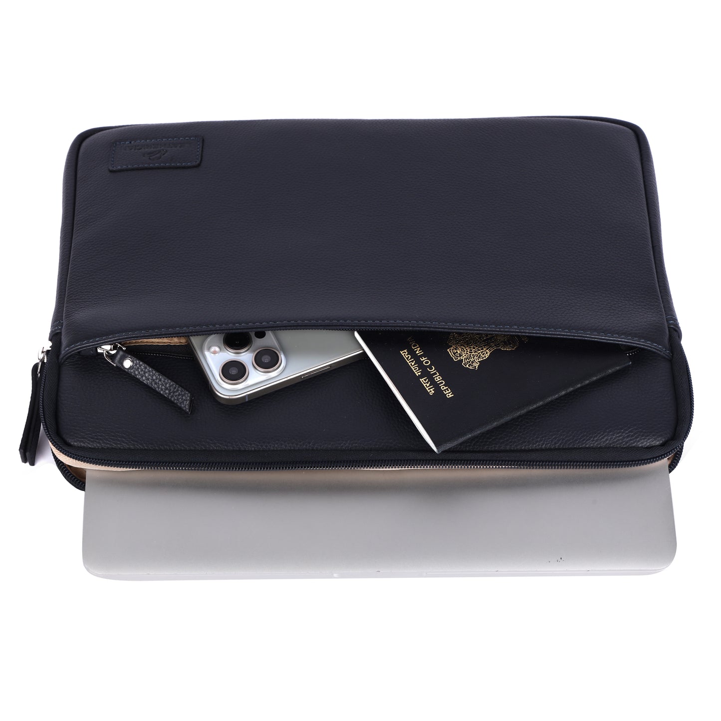 Black travel pouch with phone and passport inside on a white background