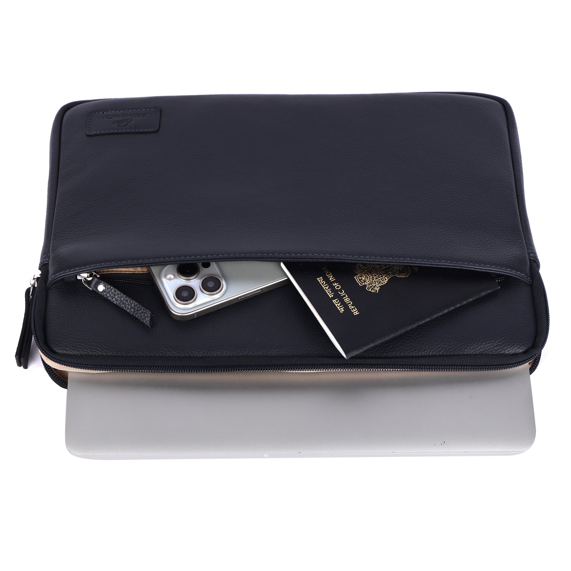 Black travel pouch with phone and passport inside on a white background