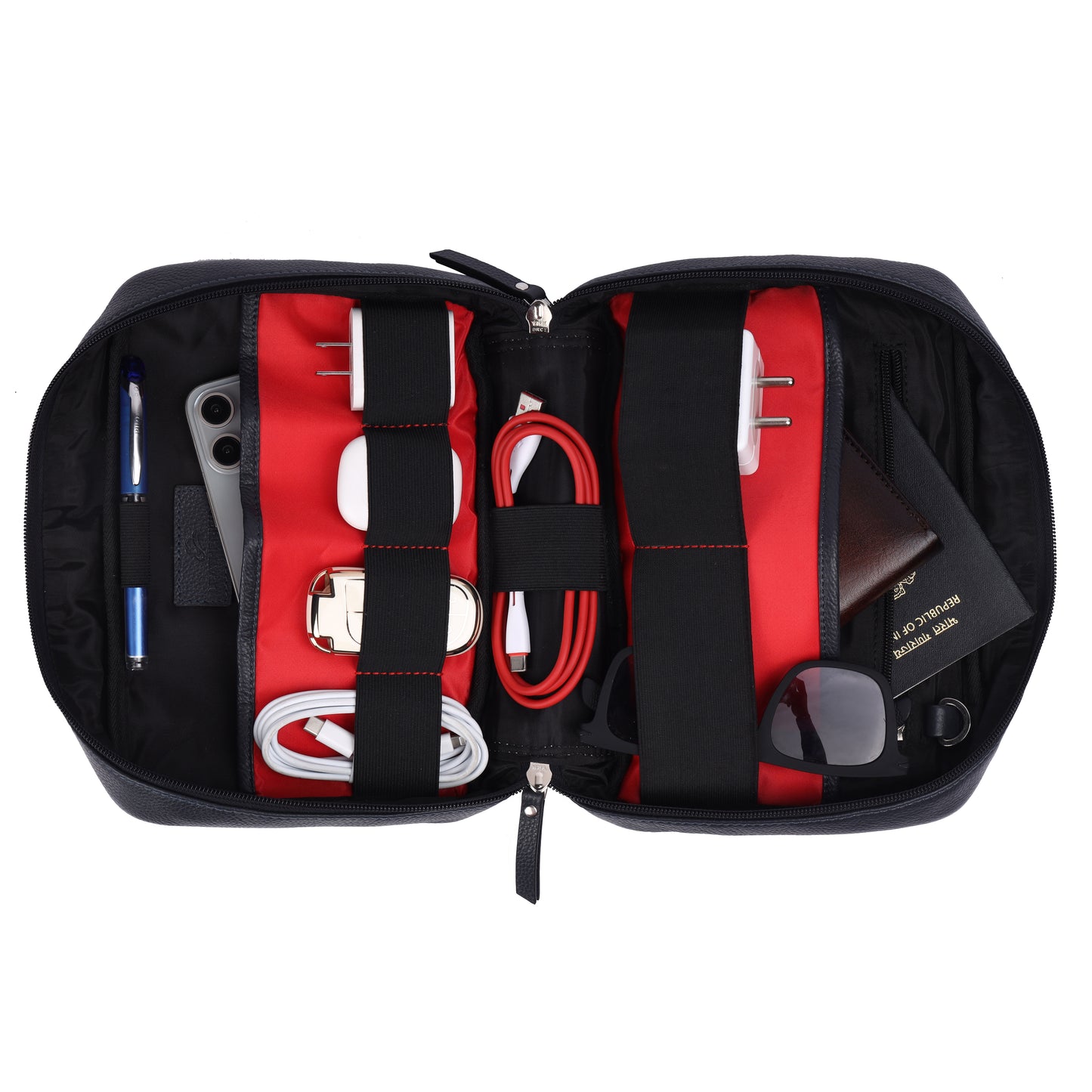 Black and red travel organizer with various items on a white background