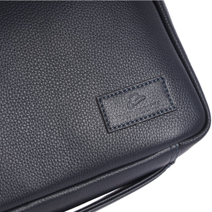 Black leather bag with a visible brand logo on a white background