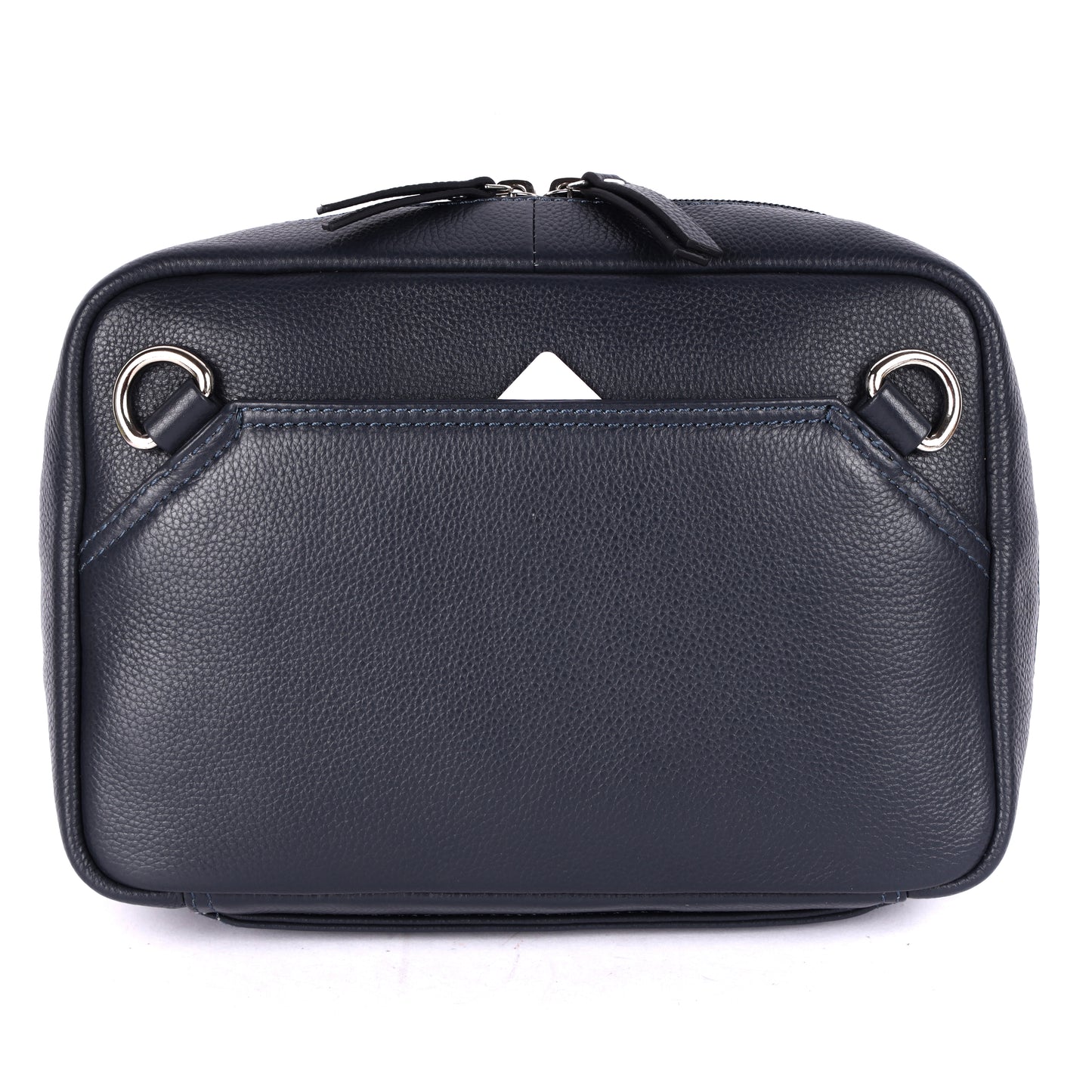 Black leather bag with silver hardware on a white background