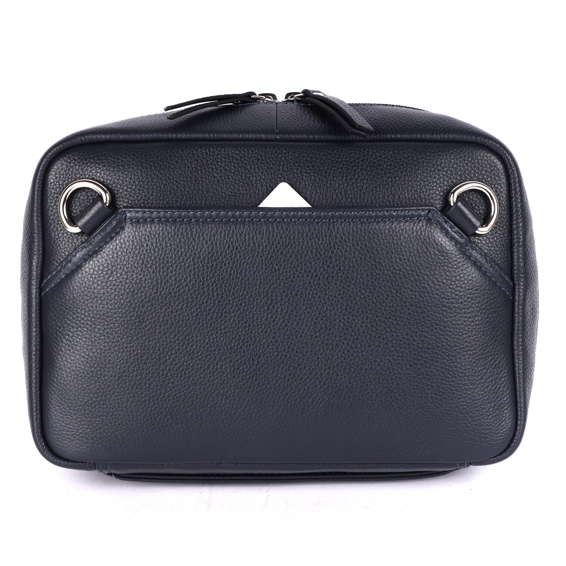 Black leather bag with silver hardware on a white background