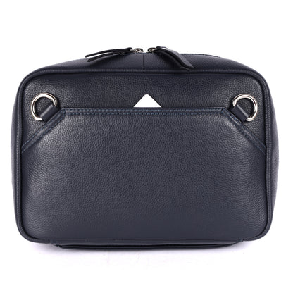 Black leather bag with silver hardware on a white background
