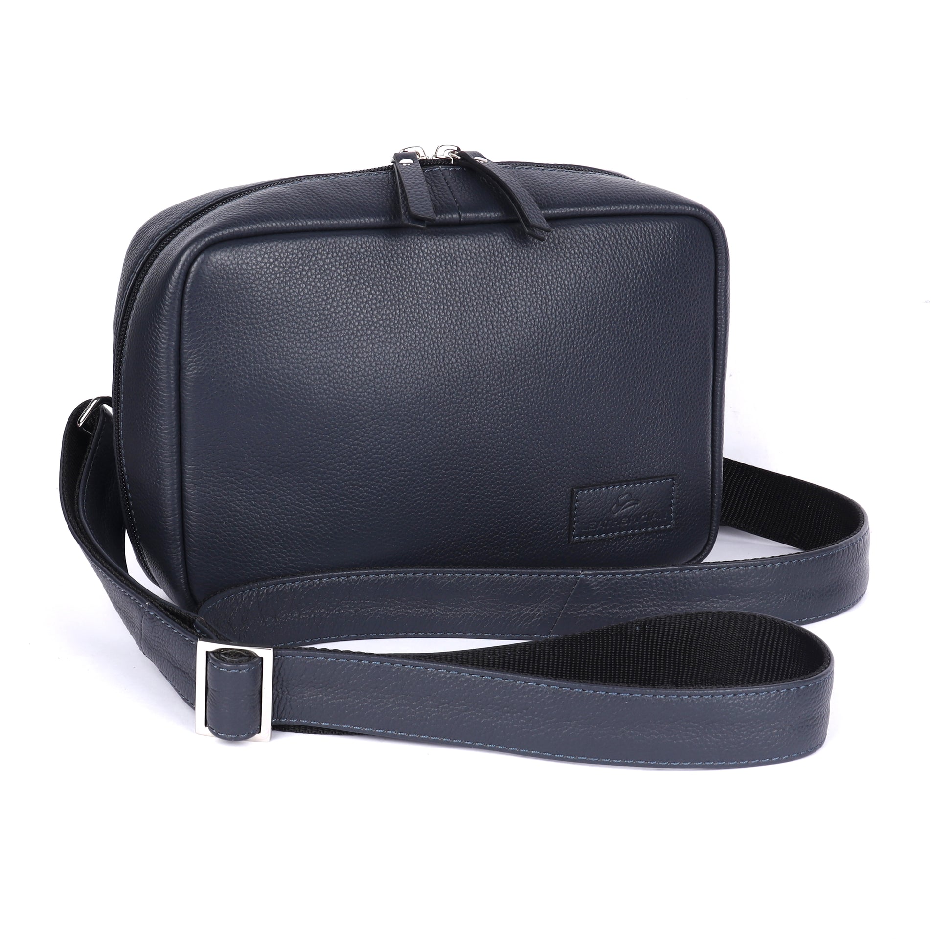Black leather crossbody bag on a white background