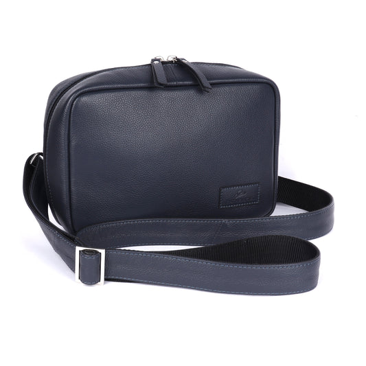 Black leather crossbody bag on a white background