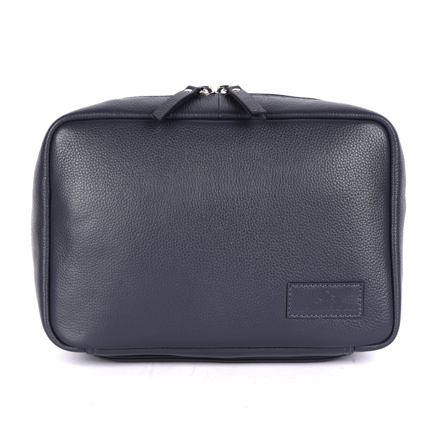 Black leather toiletry bag on a white background