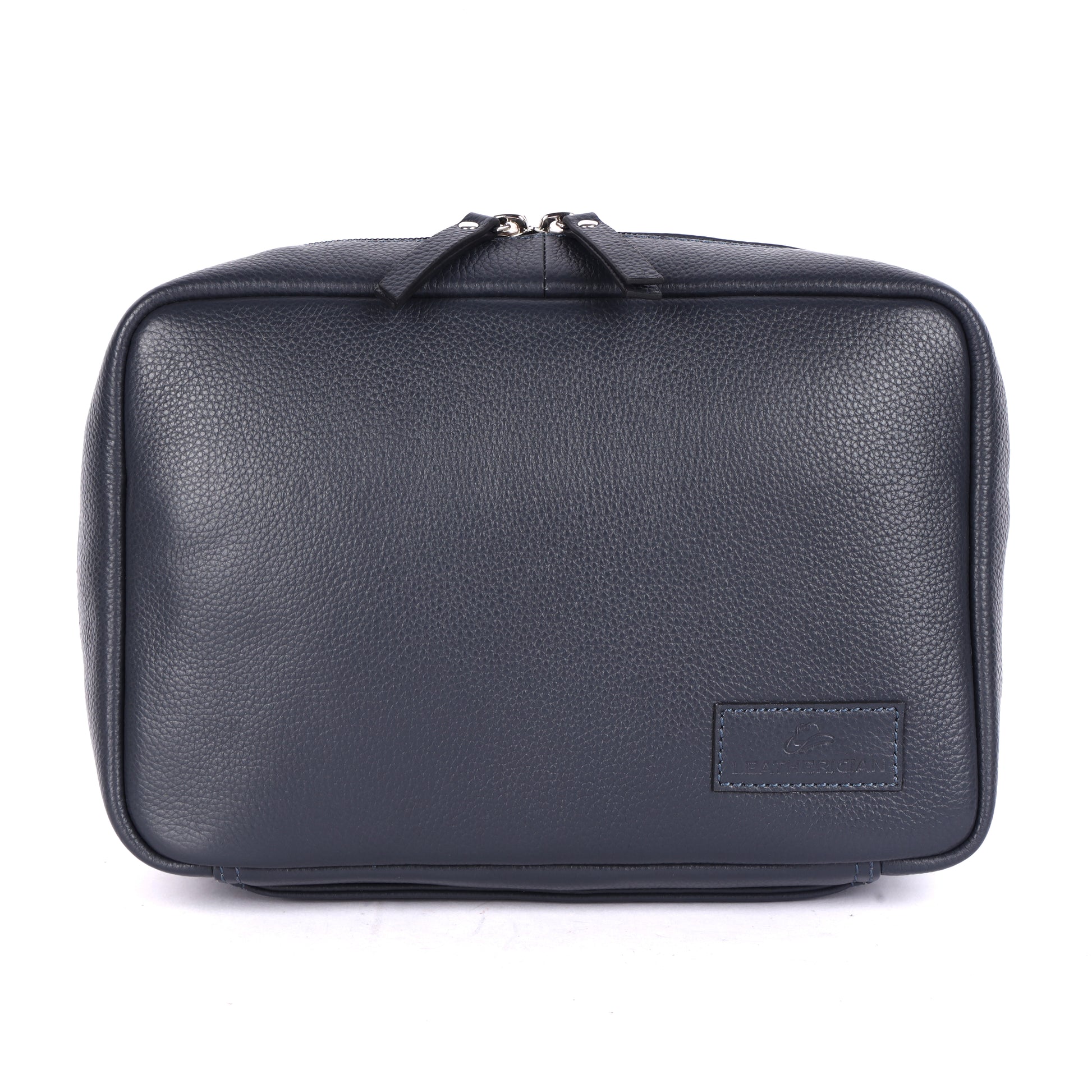 Black leather toiletry bag on a white background