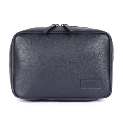 Black leather toiletry bag on a white background