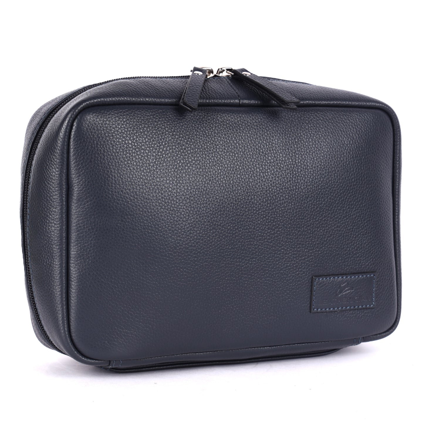 Black leather toiletry bag on a white background