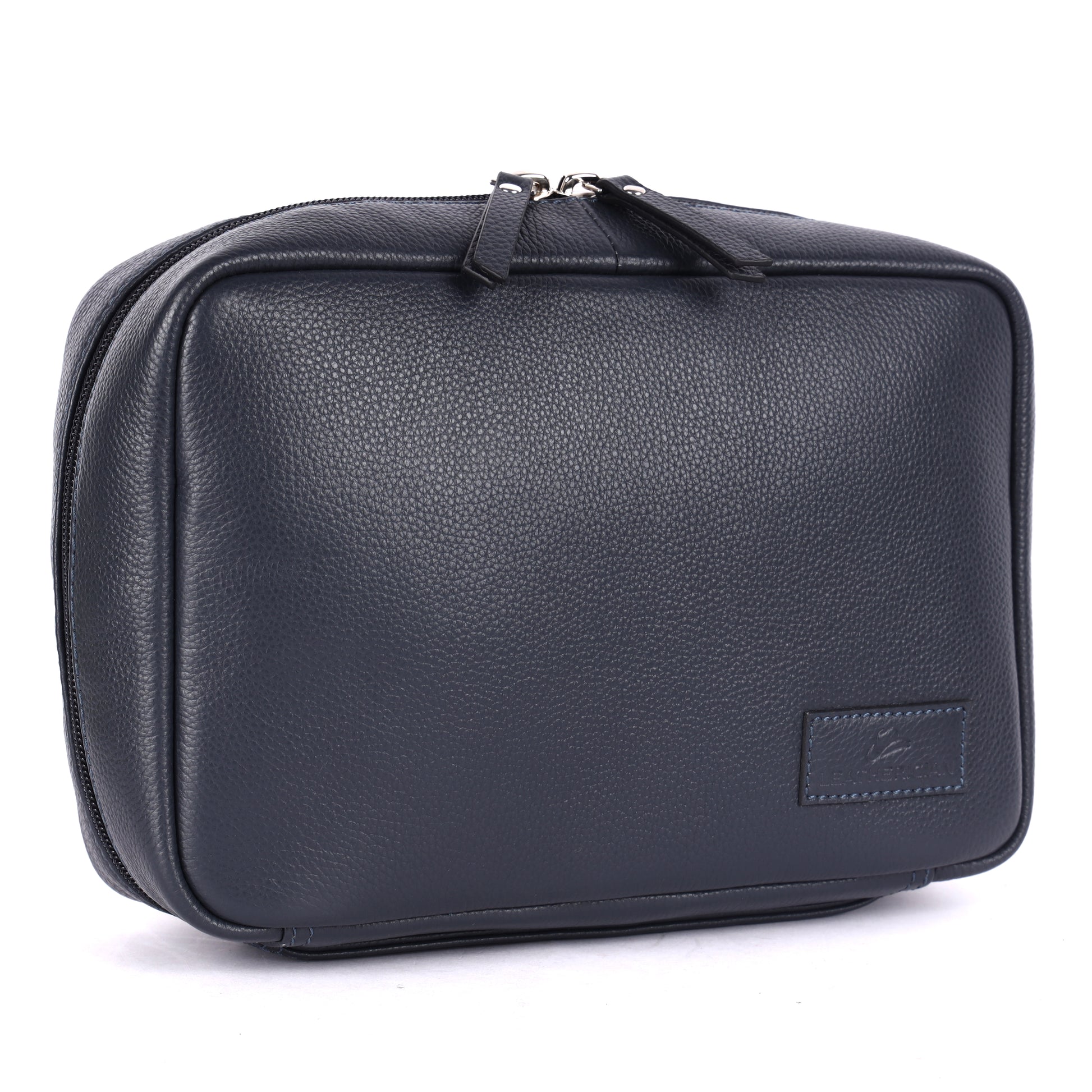 Black leather toiletry bag on a white background