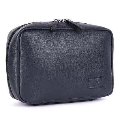 Black leather toiletry bag on a white background