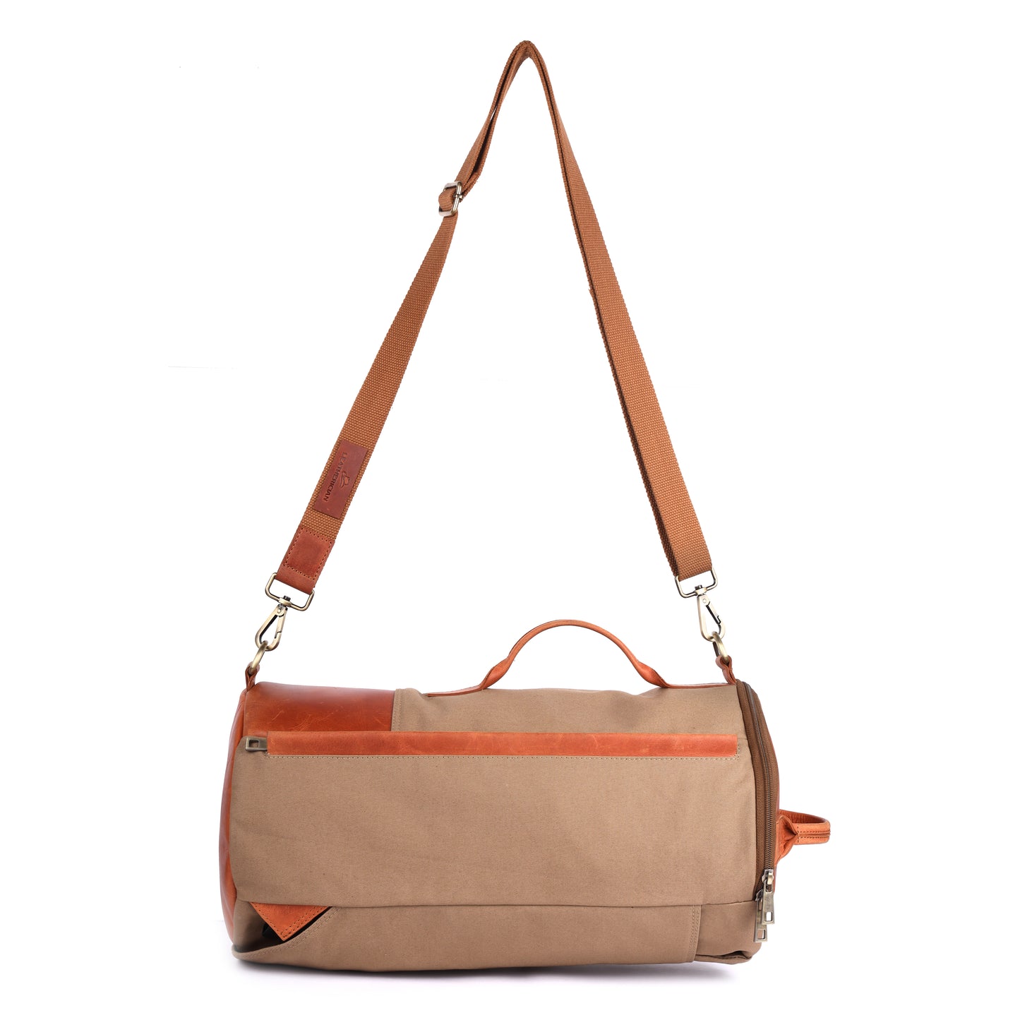 Brown and orange duffel bag with a shoulder strap on a white background