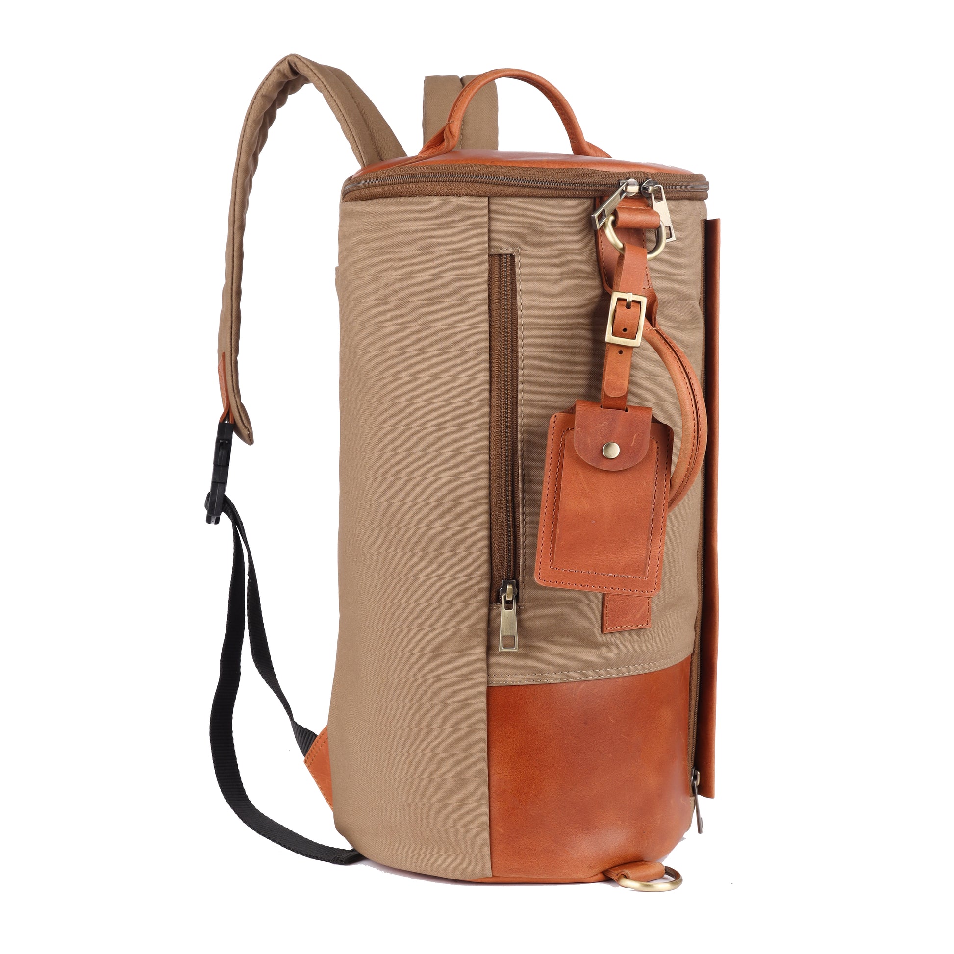 Brown and orange backpack with a leather patch on a white background