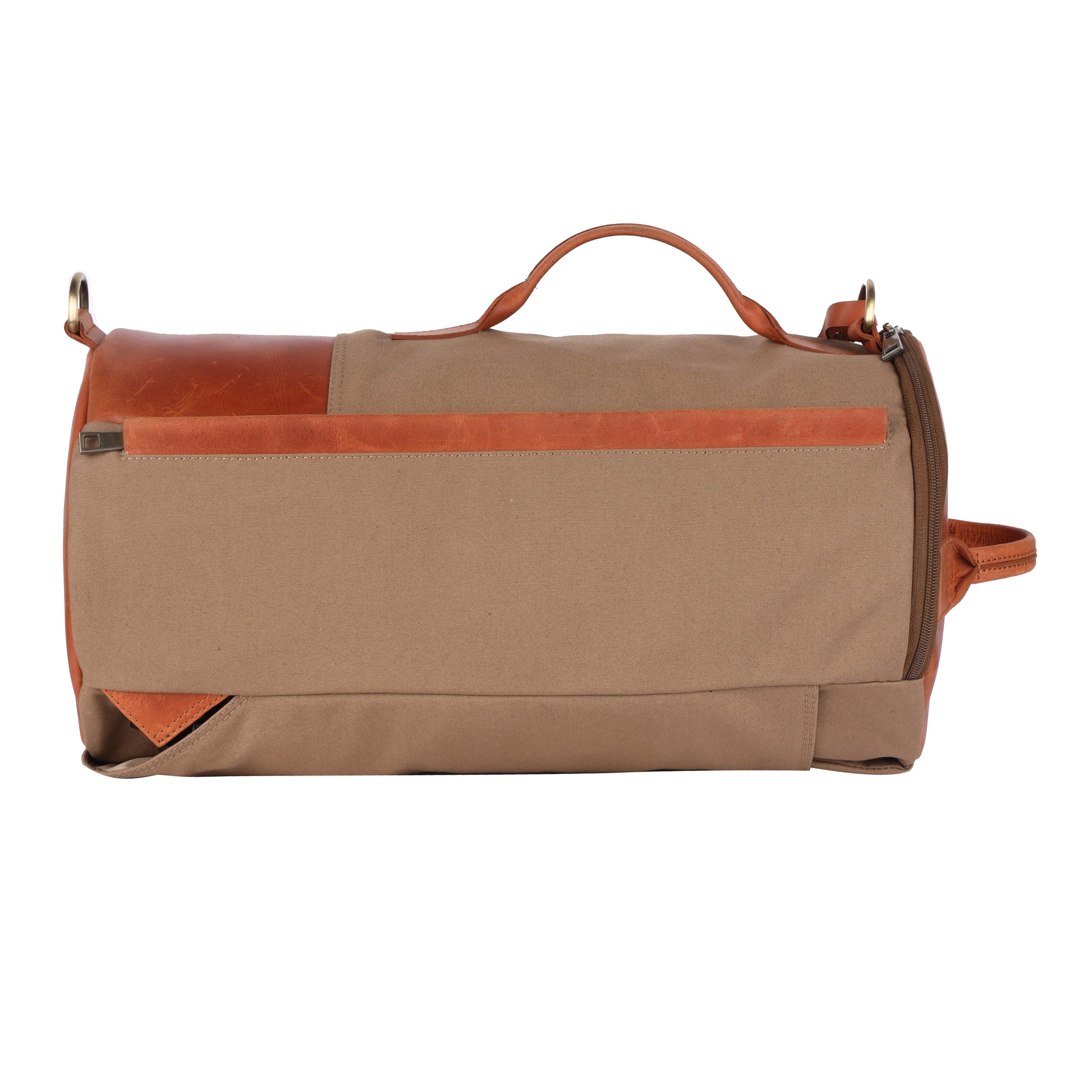 Brown duffel bag with leather accents on a white background