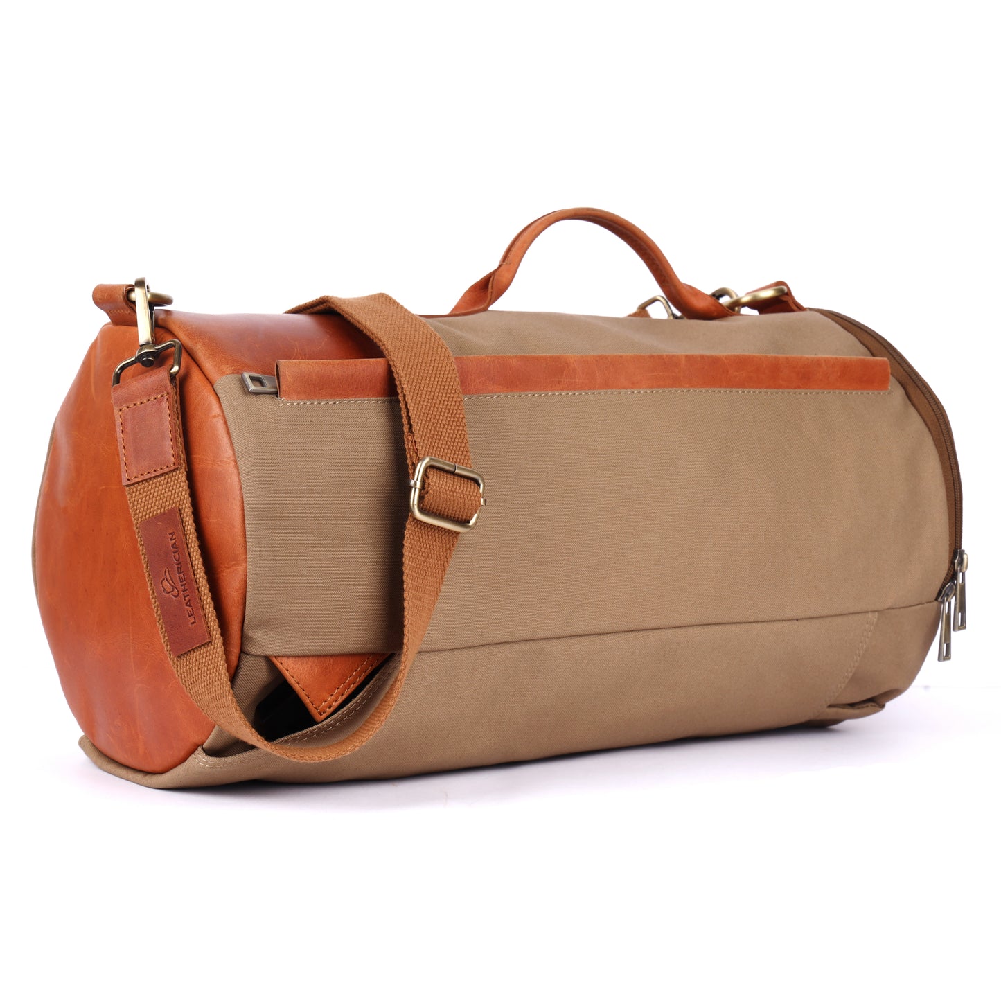 Brown duffel bag with leather accents on a white background