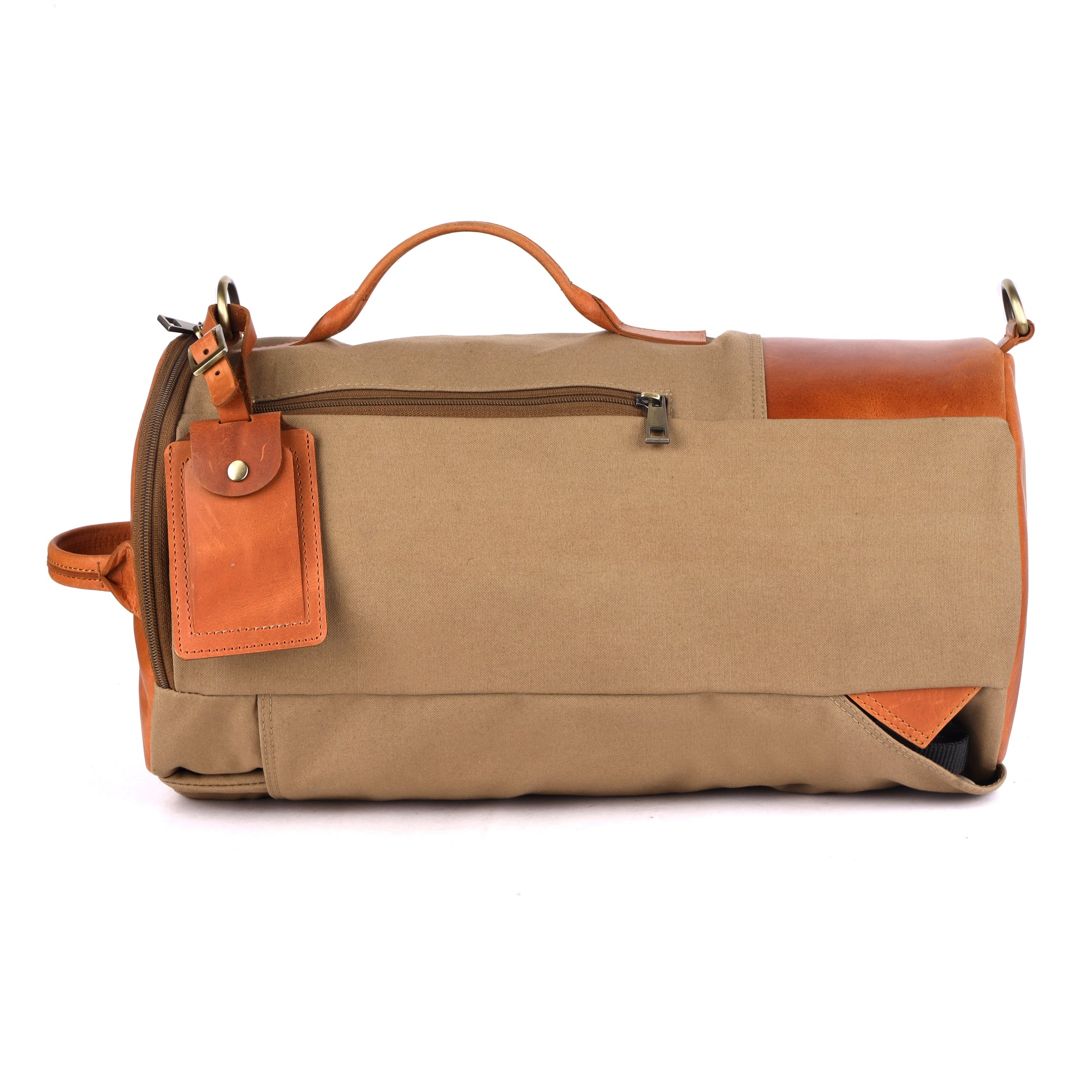 Brown duffel bag with leather accents on a white background