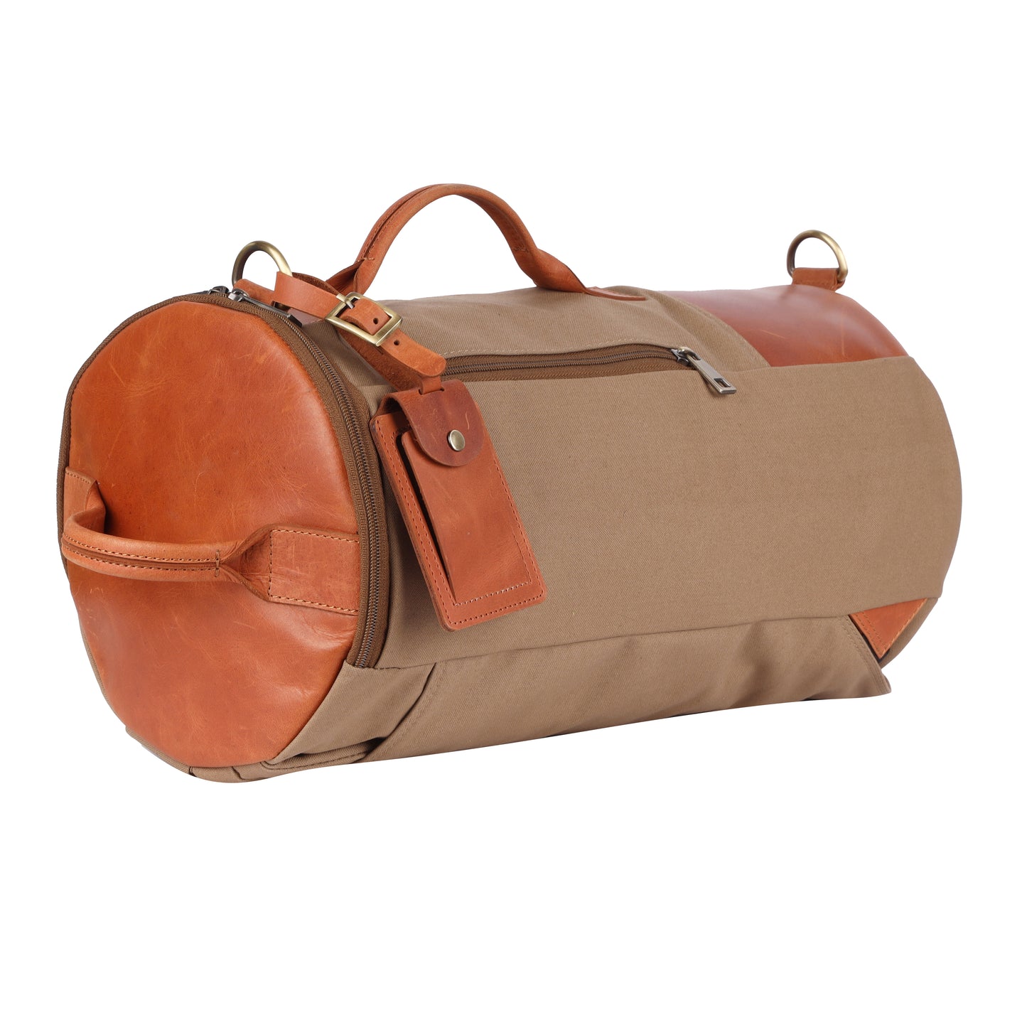 Brown duffel bag with leather accents on a white background