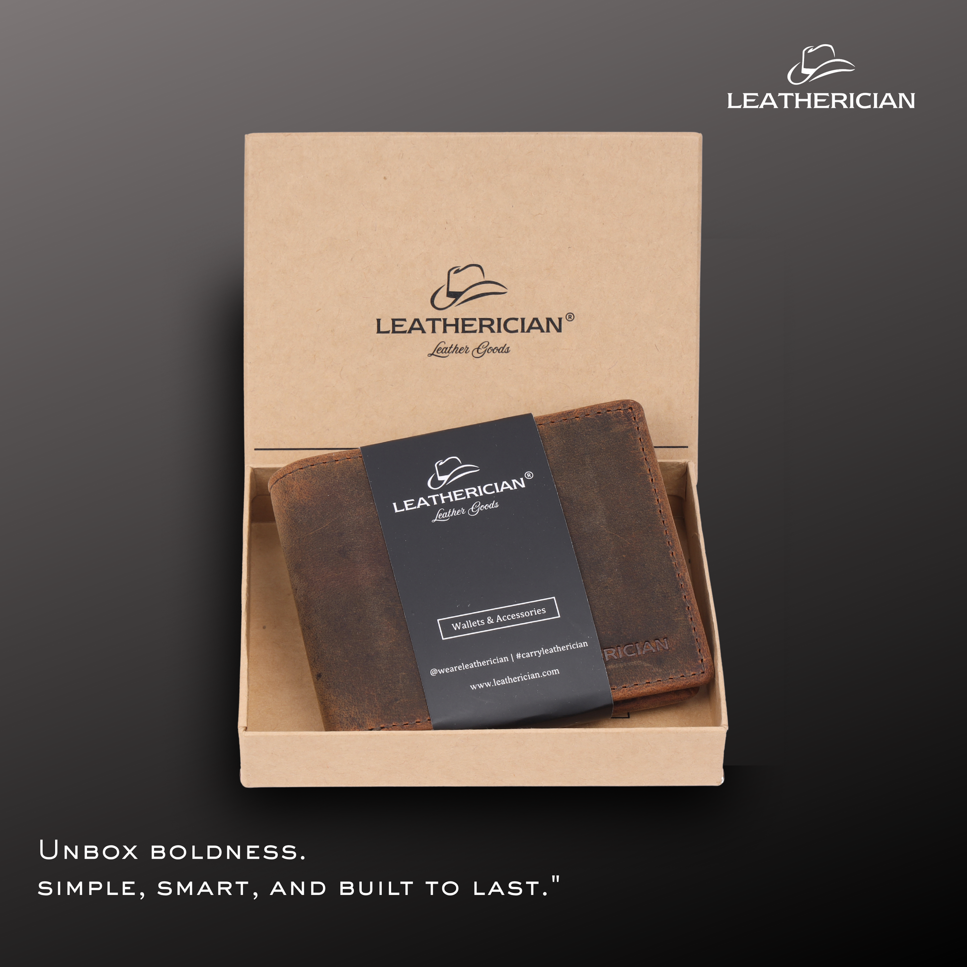 Brown leather wallet in a box with 'Leatherician' branding on a dark background