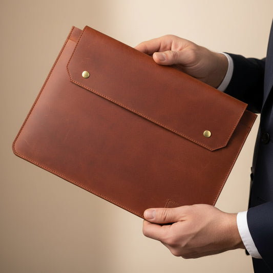 Brown leather sleeve with flap and button closure on a white background