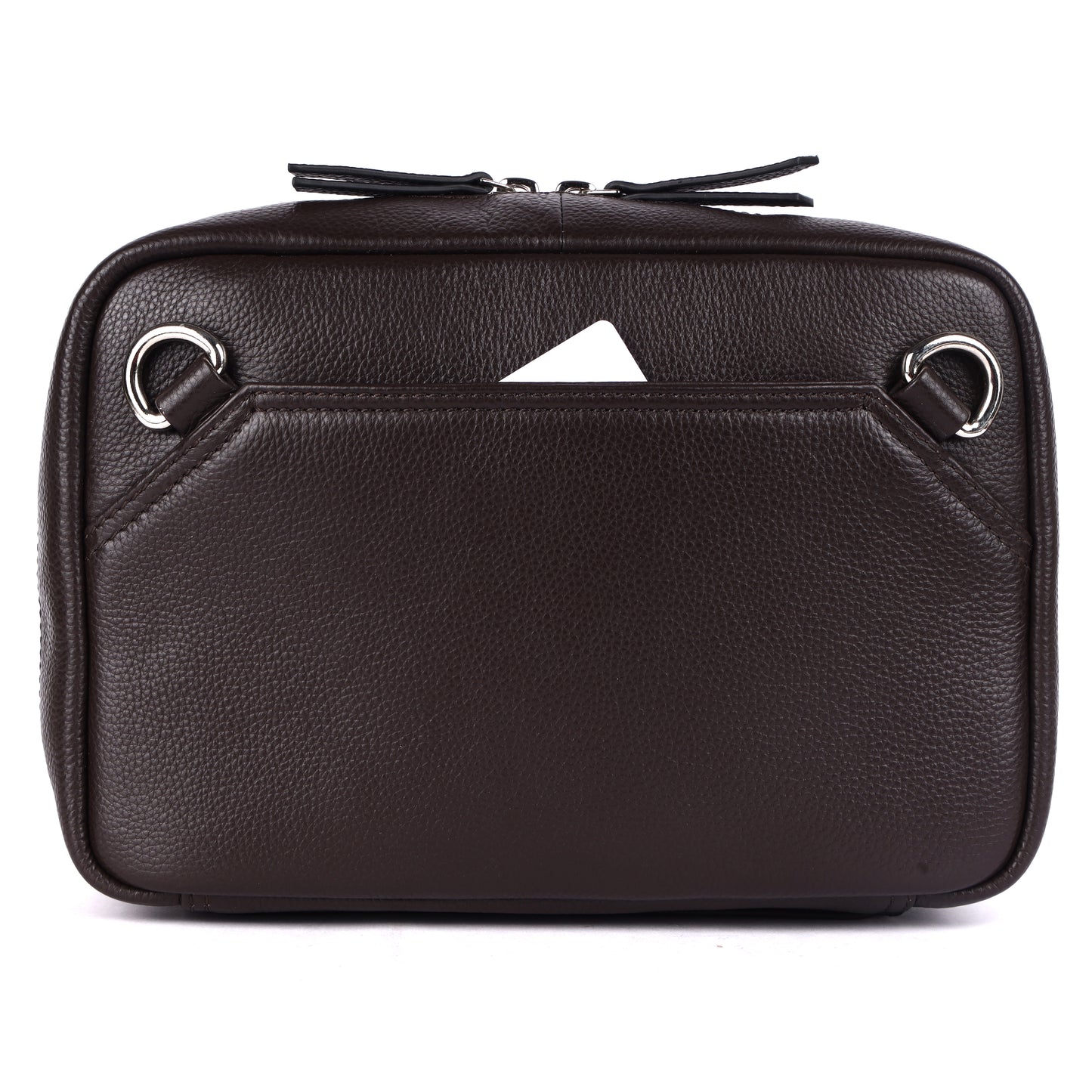 Brown leather bag with silver hardware on a white background