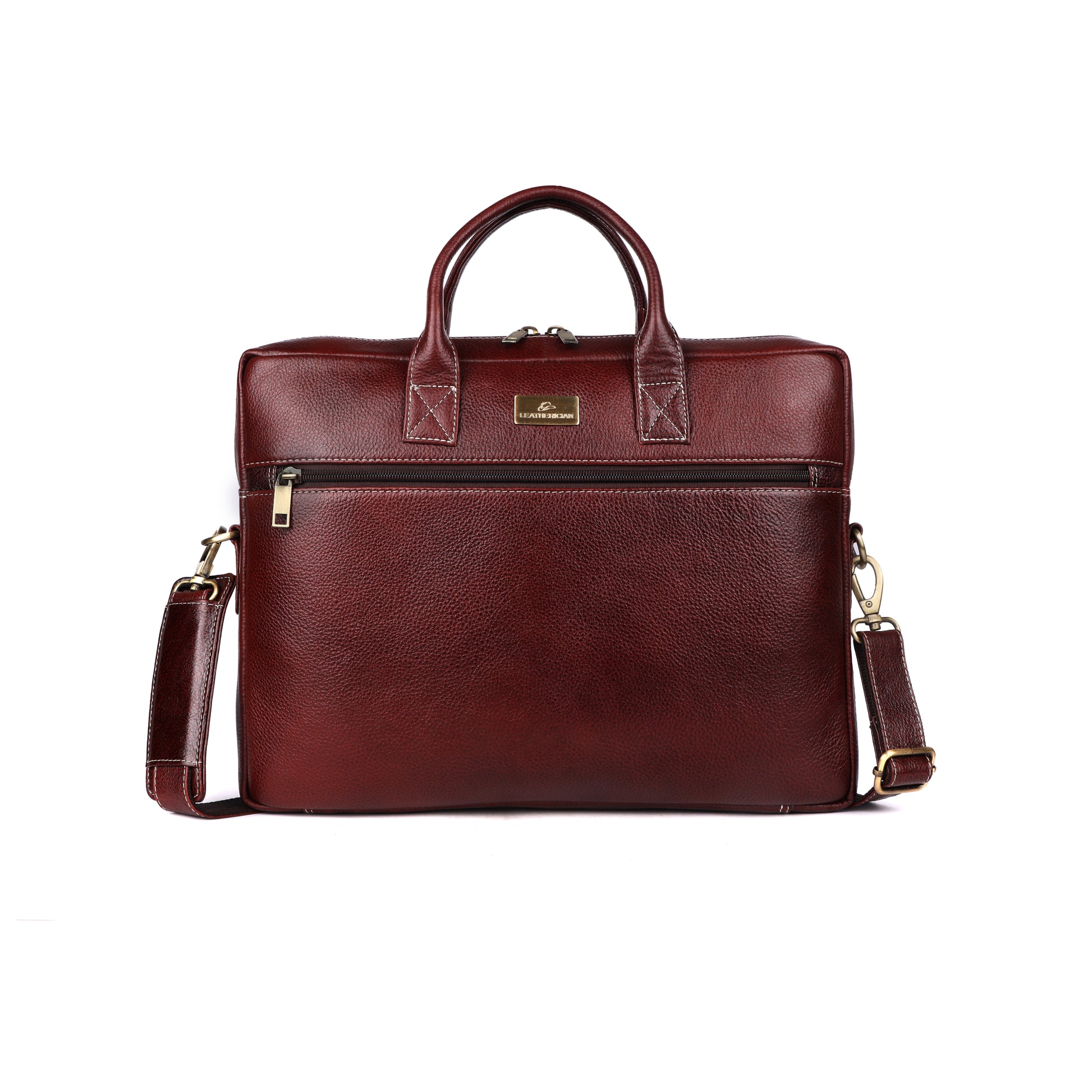 Brown leather briefcase with gold zipper 