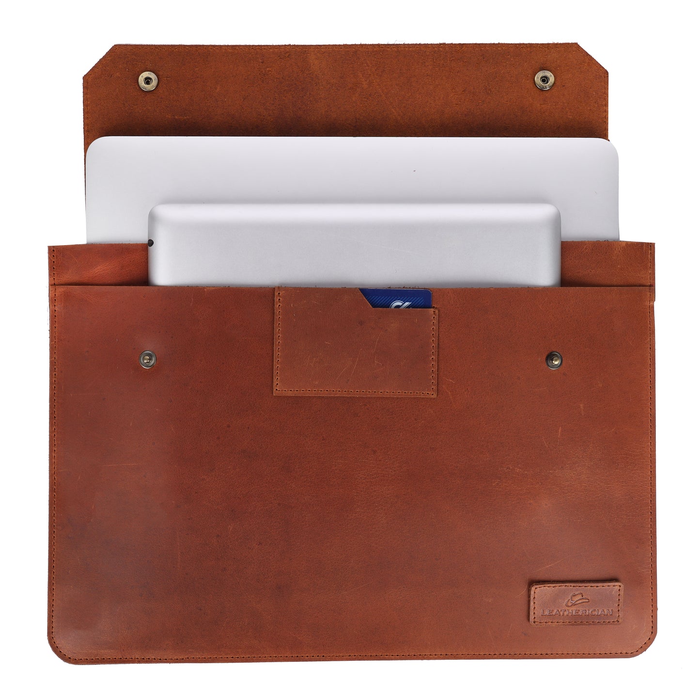 Brown leather laptop sleeve with a laptop inside on a white background
