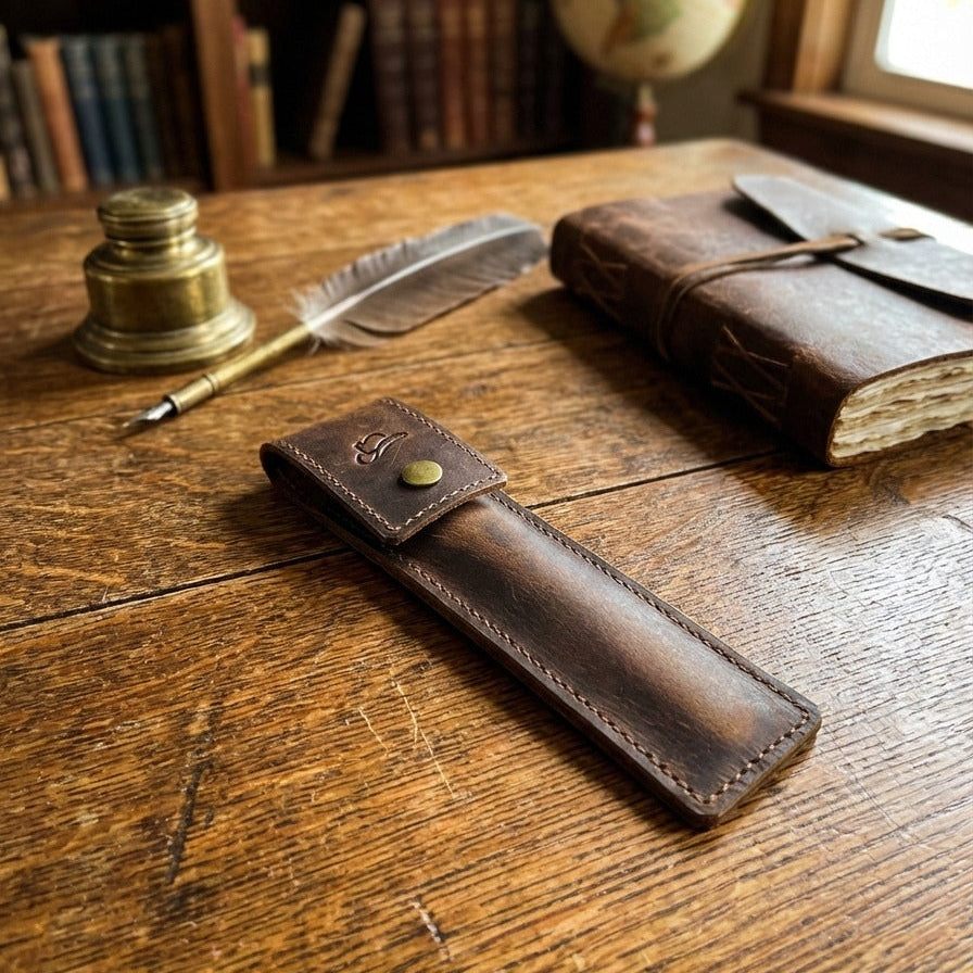 Brown leather pen holder on a wooden desk with books and a globe in the background