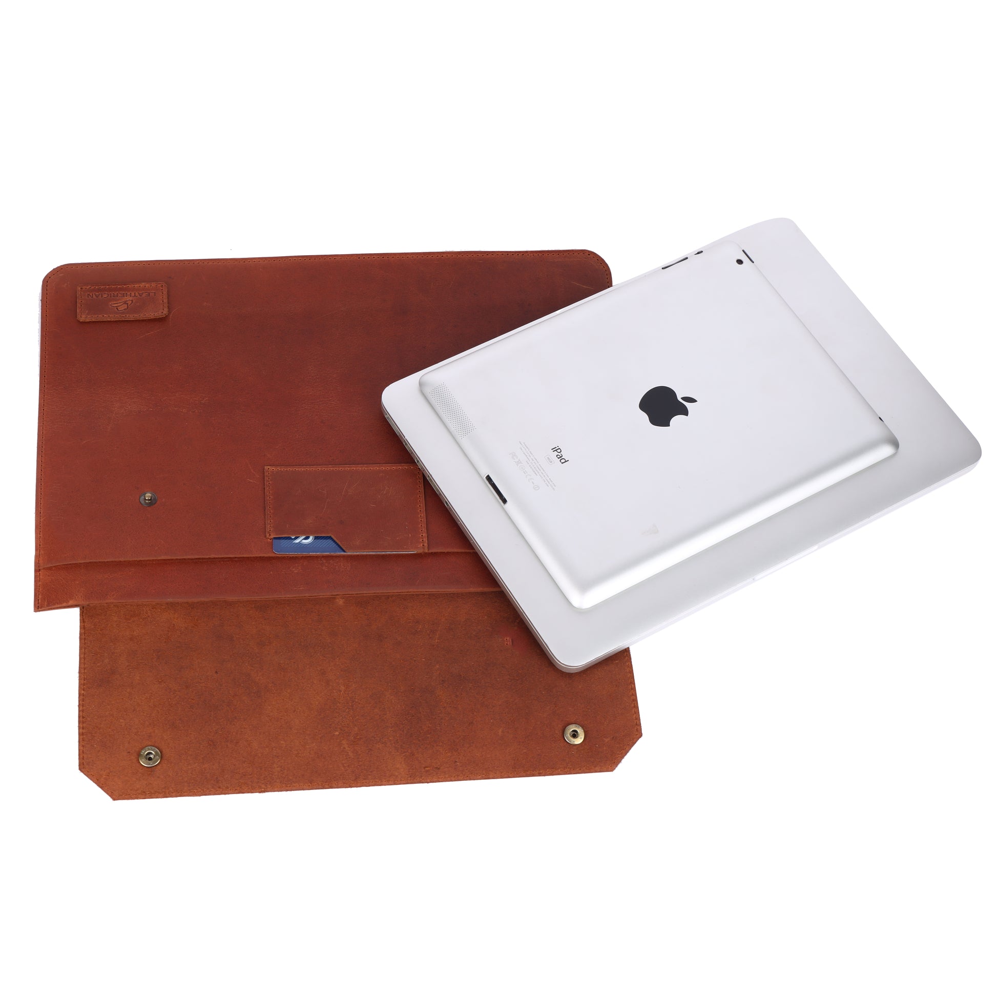 Brown leather sleeve with an Apple device on a white background