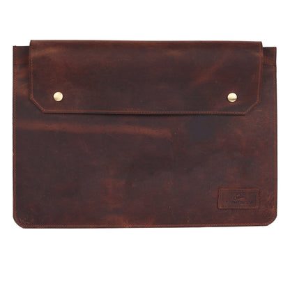 Brown leather sleeve with gold buttons on a white background