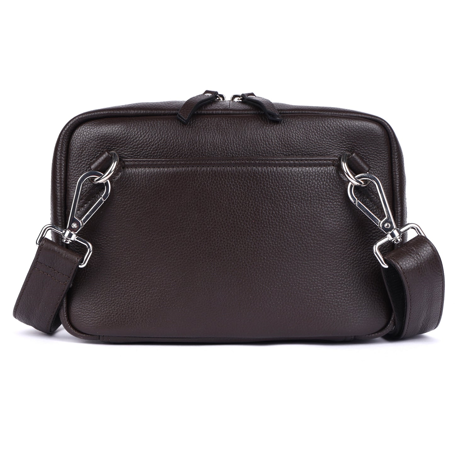 Brown leather bag with a shoulder strap on a white background