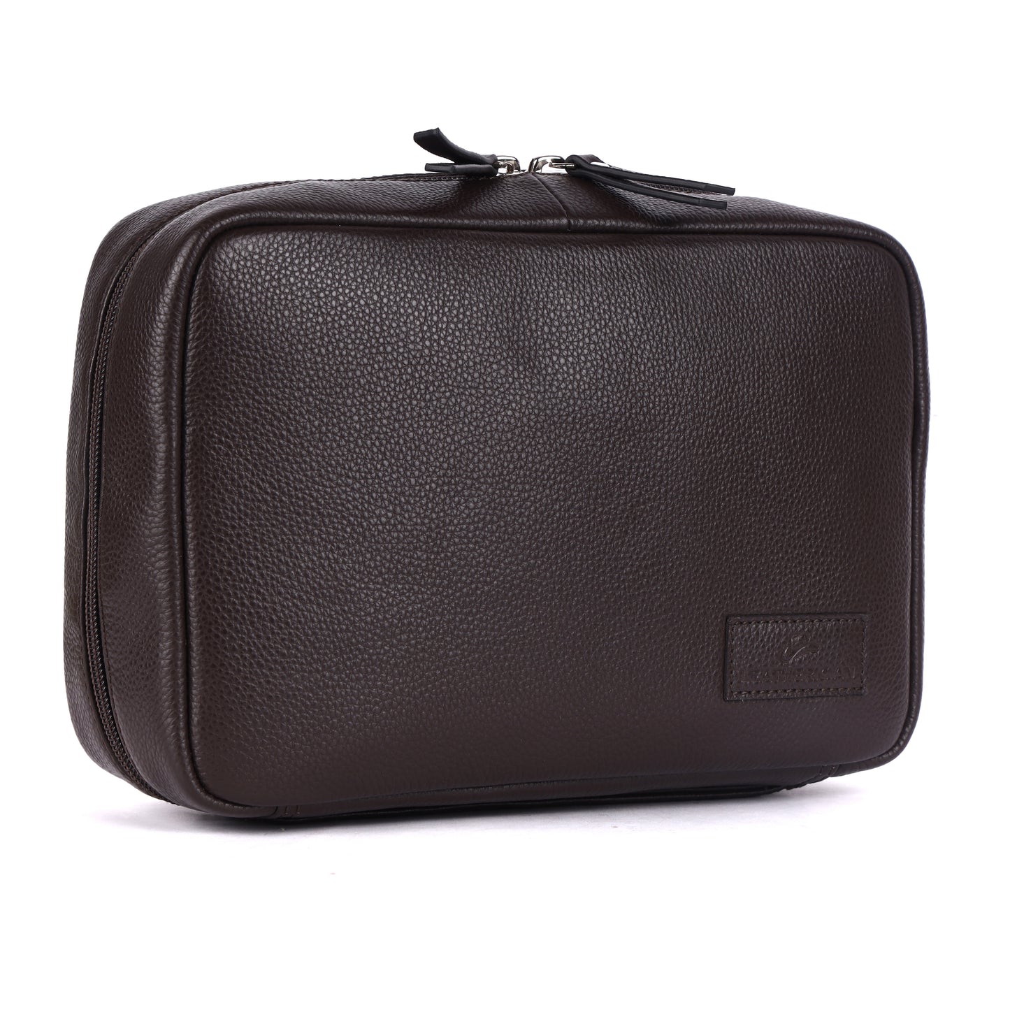 Brown leather toiletry bag on a white background