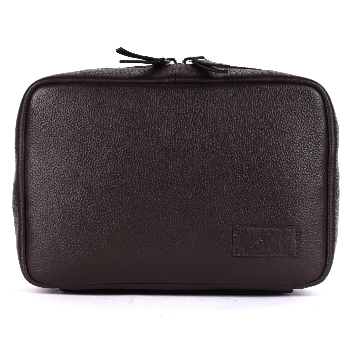 Brown leather toiletry bag with a visible brand logo on a white background