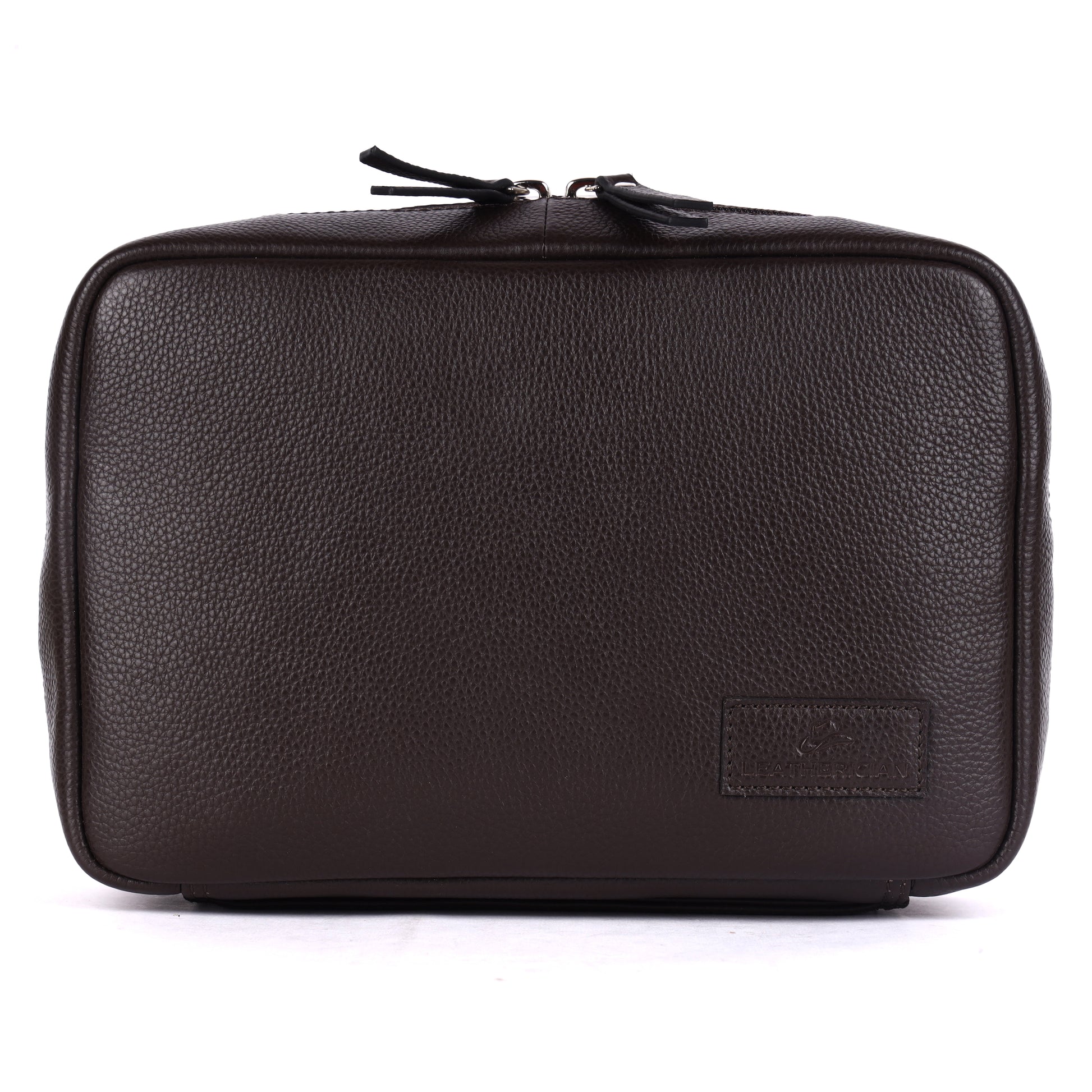 Brown leather toiletry bag with a visible brand logo on a white background