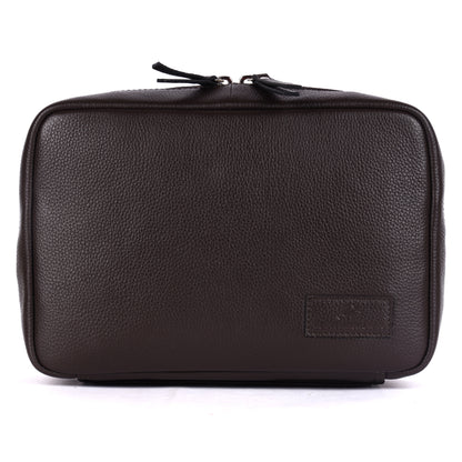 Brown leather toiletry bag with a visible brand logo on a white background