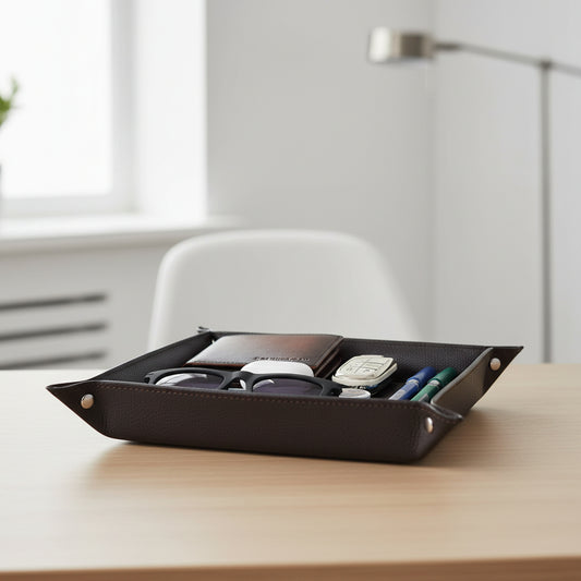 Brown leather tray with sunglasses, phone, wallet, car keys, and pens on a white background