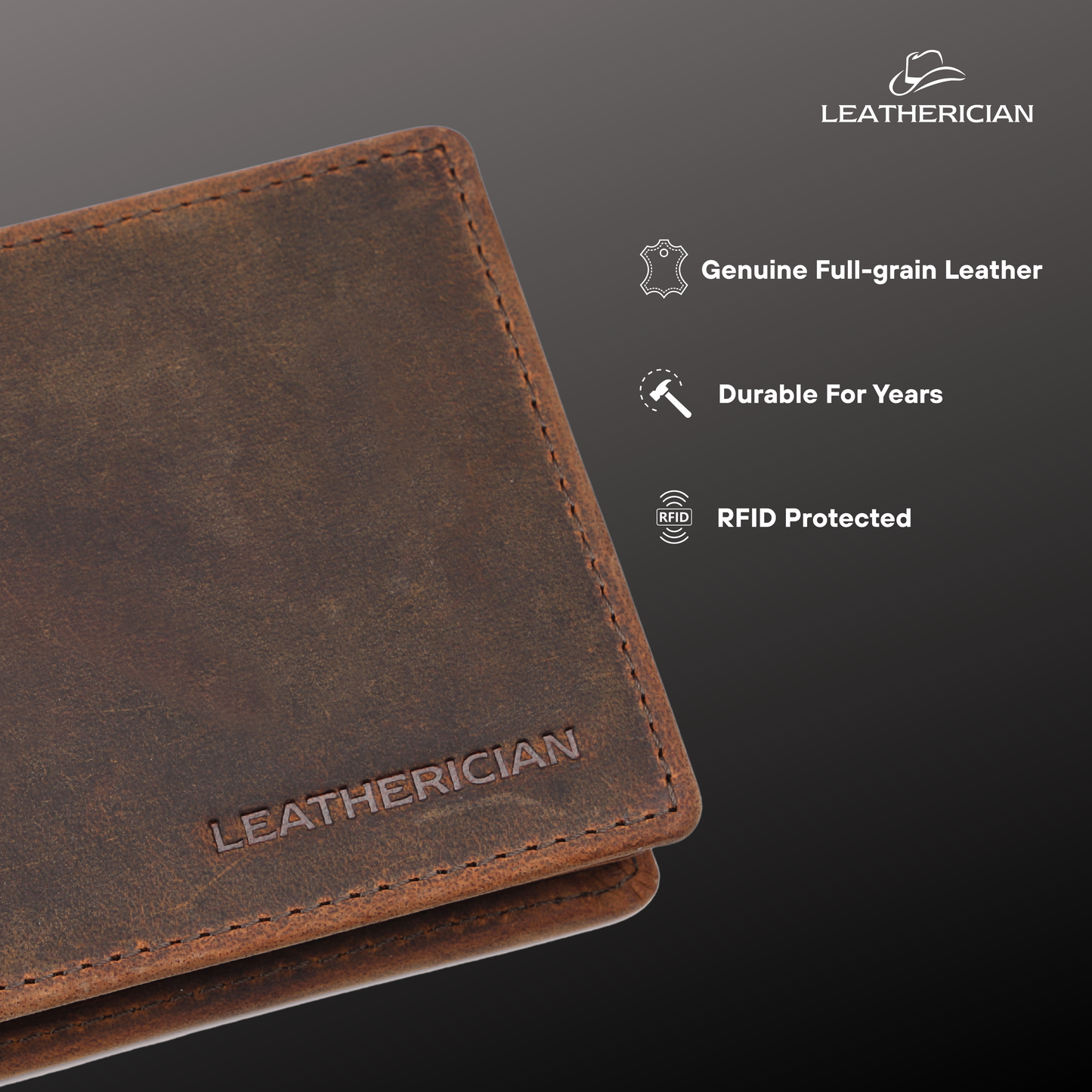 Brown leather wallet with 'Leatherician' branding on a dark background