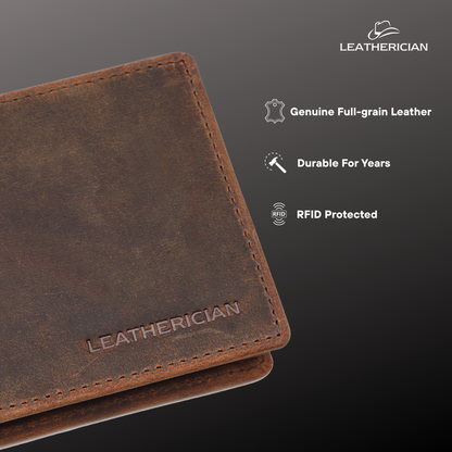 Brown leather wallet with 'Leatherician' branding on a dark background