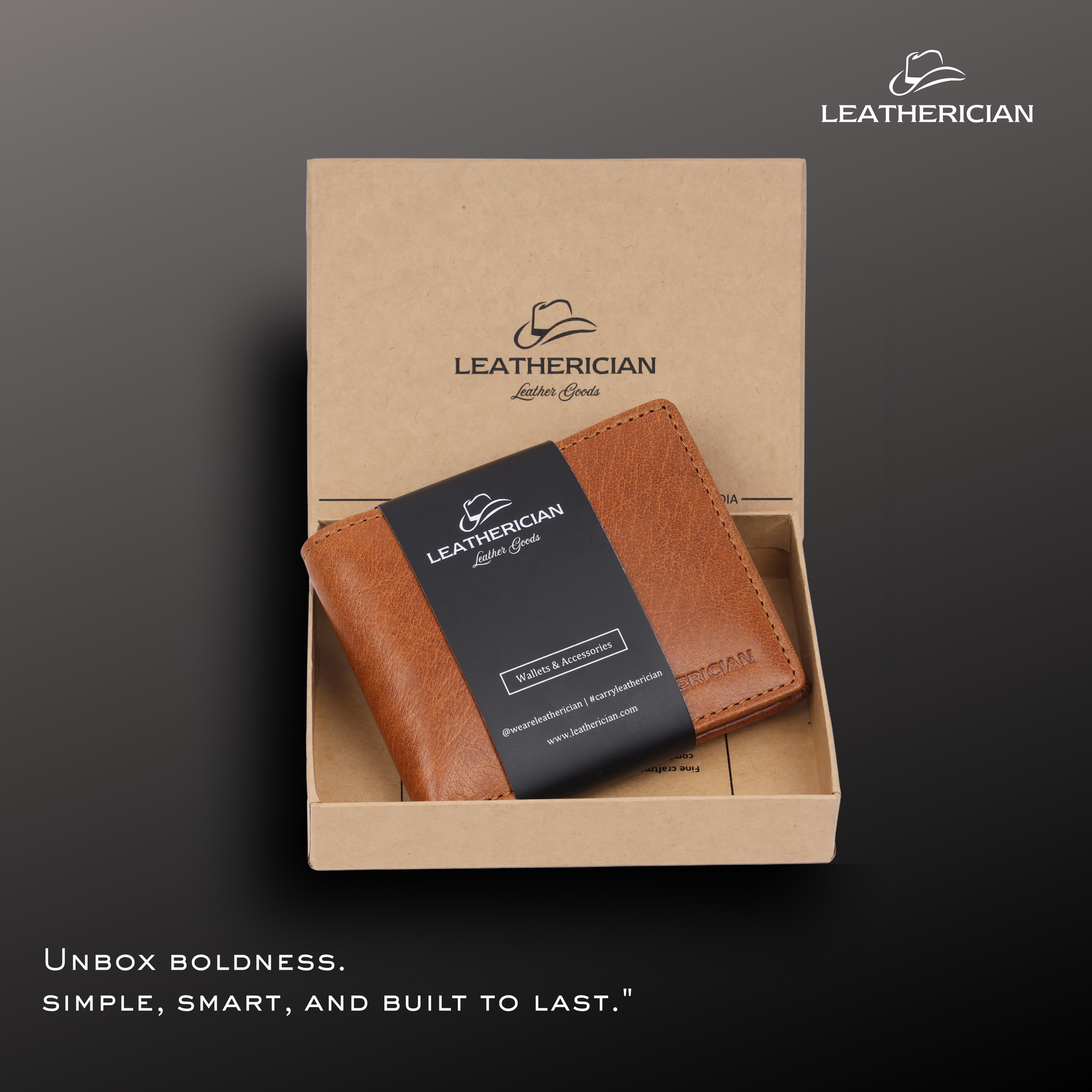 Brown leather wallet with black label in a box, branded 'Leatherician' on a dark background.
