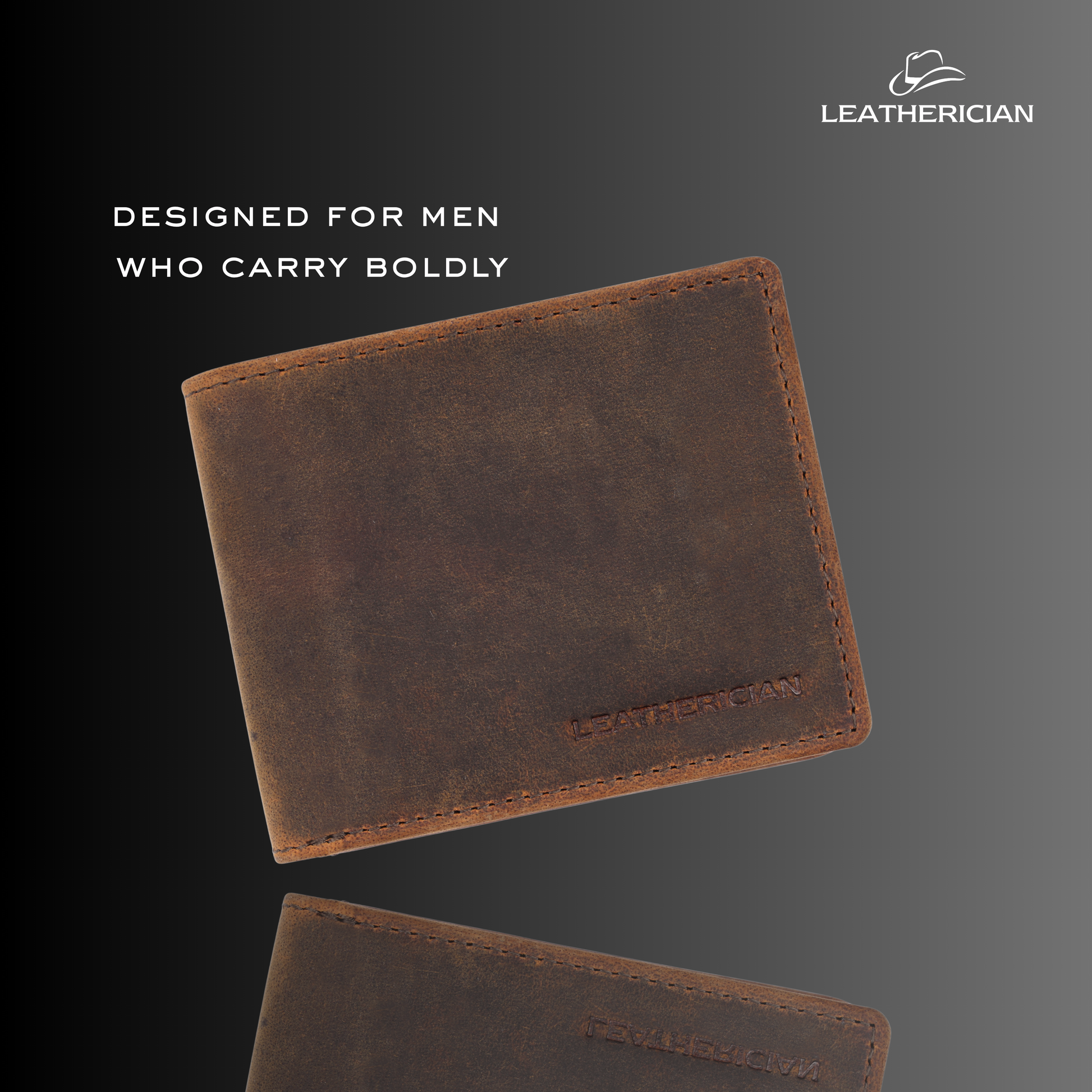 Brown leather wallet with 'Leatherician' branding on a gray background