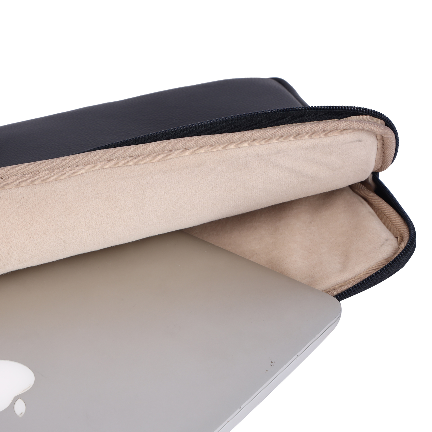 Close-up of a laptop in a black and beige sleeve on a white background