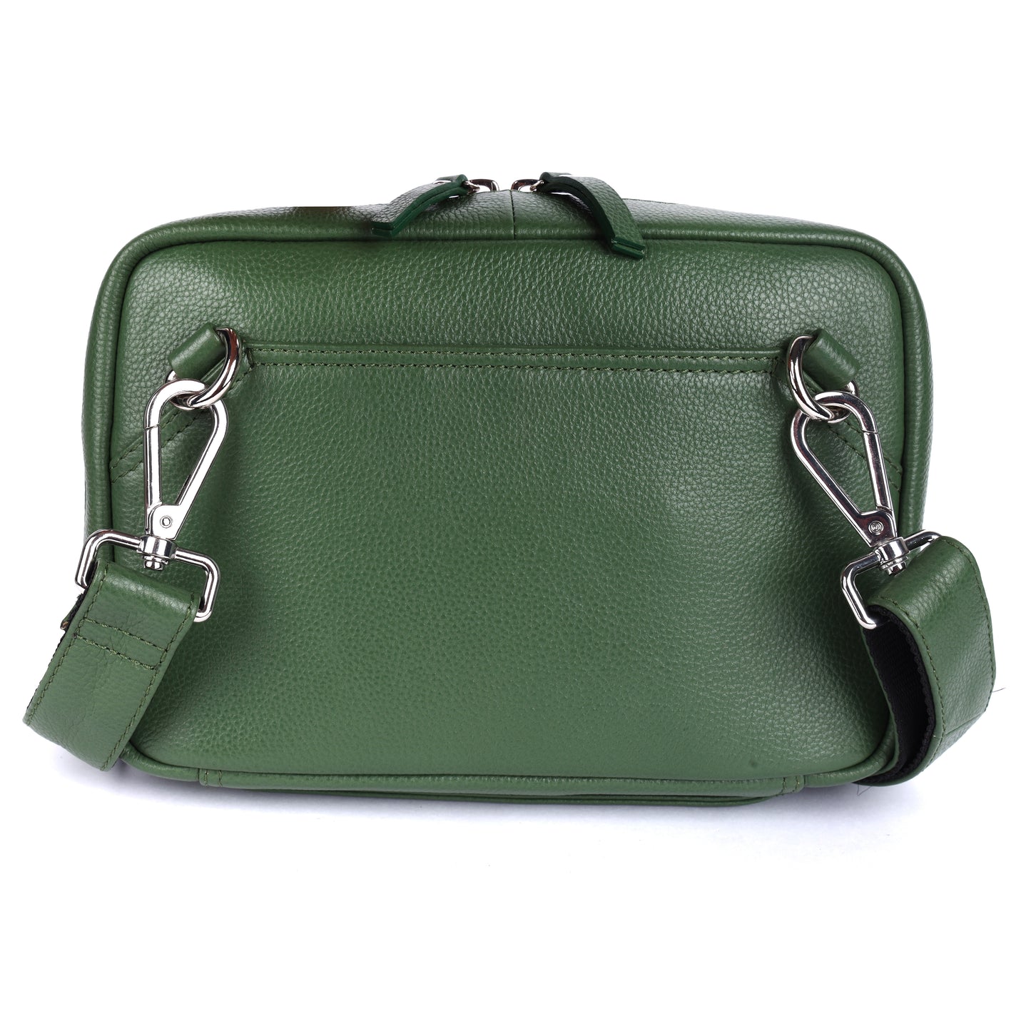 Green leather bag with silver clasp on a white background