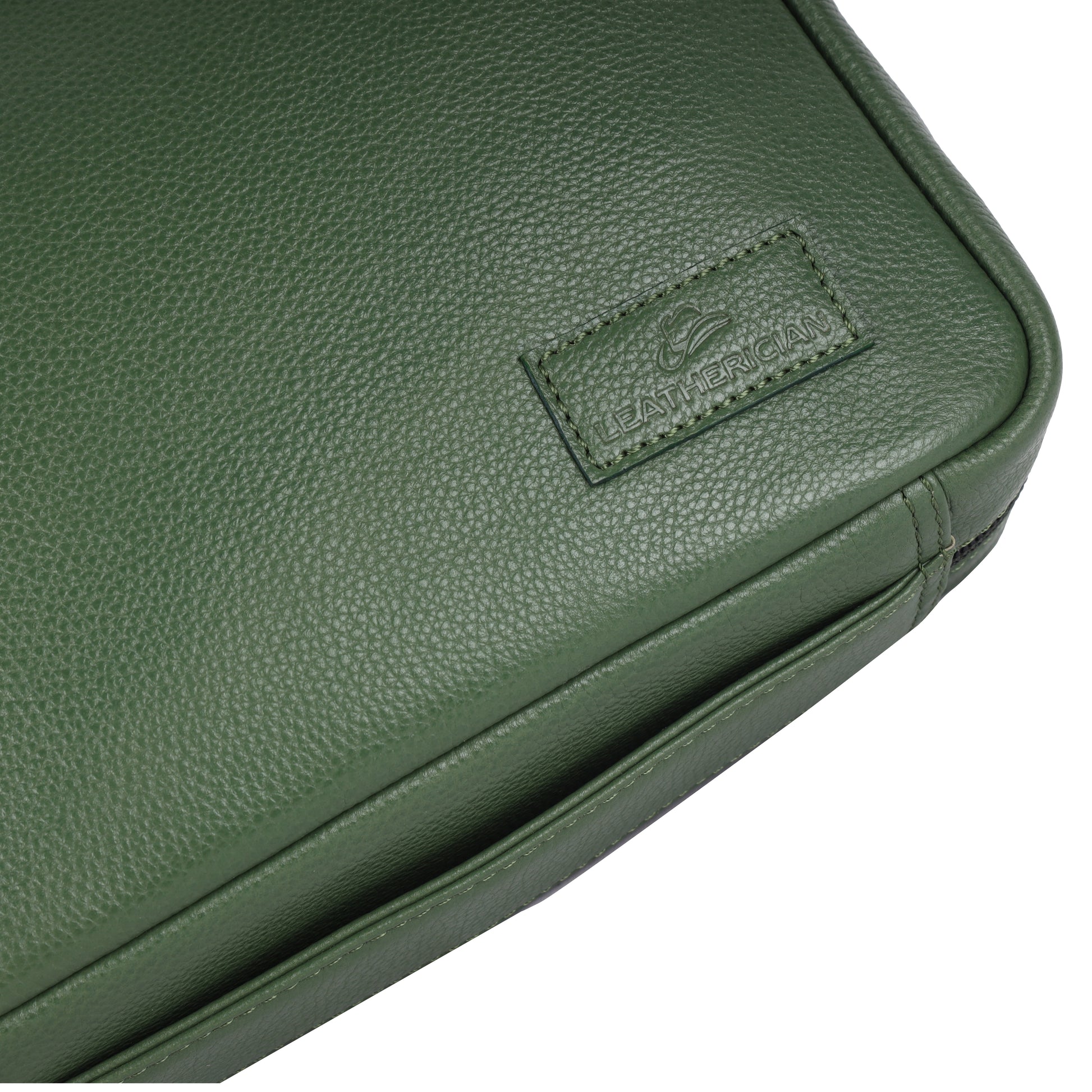 Green leather case with a brand logo on a white background