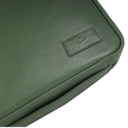 Green leather case with a brand logo on a white background